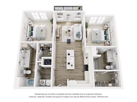 A 3D floor plan of Tapestry Beard Road - B1 2-bedroom 2-bathroom apartment